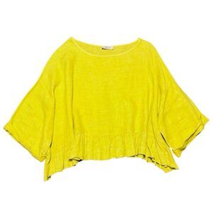 SAGA Italy One Size linen chartreuse yellow green ruffle cropped blouse
